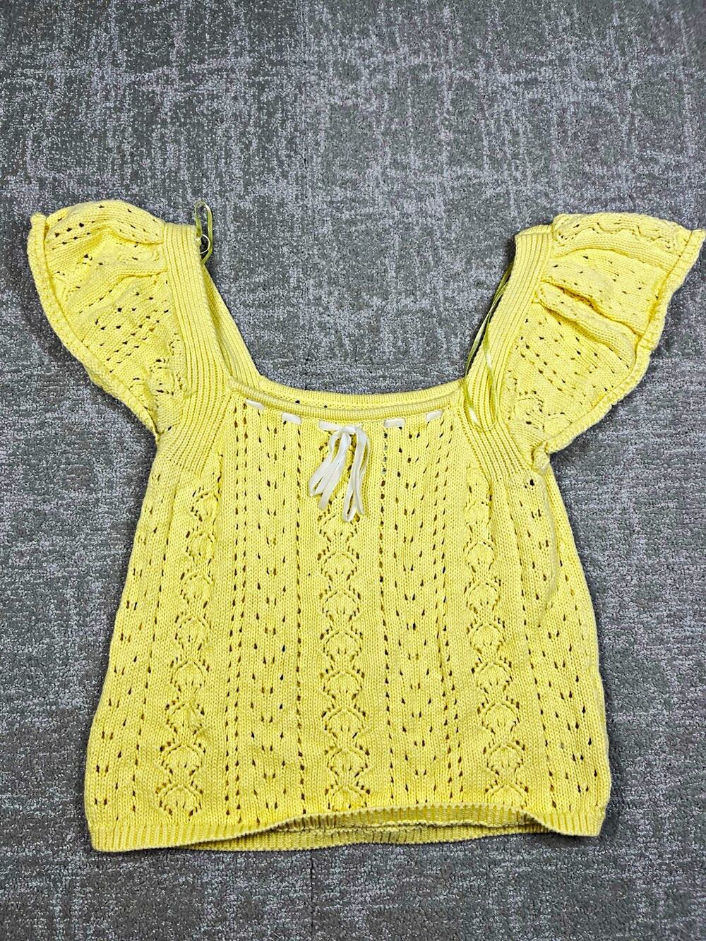 Haute Hippie Yellow 100% Cotton Knit Square Neck Flutter Sleeve Crop Knit Blouse